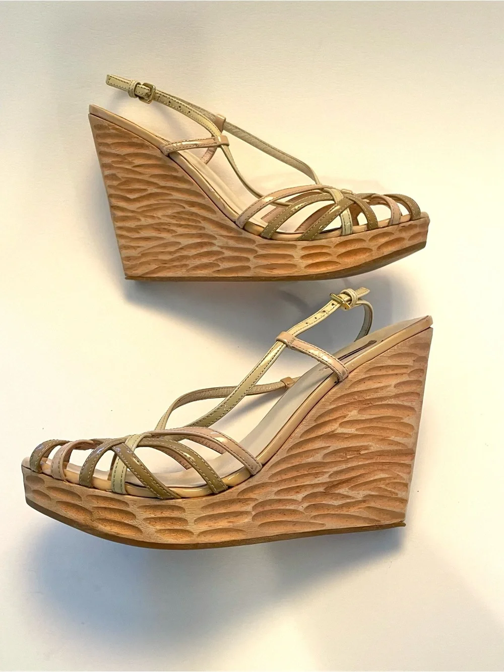 Vintage Miu Miu Wood Carved Strappy Sling Back Wedges